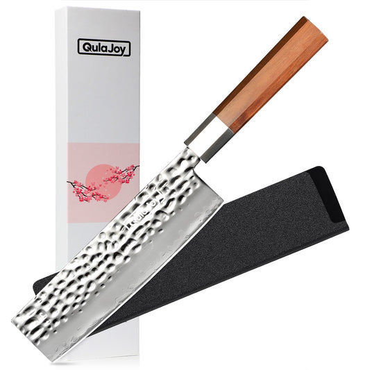 Qulajoy Nakiri Knife 7 Inch - Hammered Japanese Vegetable Knife 9cr18mov Mirror Polishing Hand Forged Blade Kitchen Knife - Olivewood Handle With Sheath