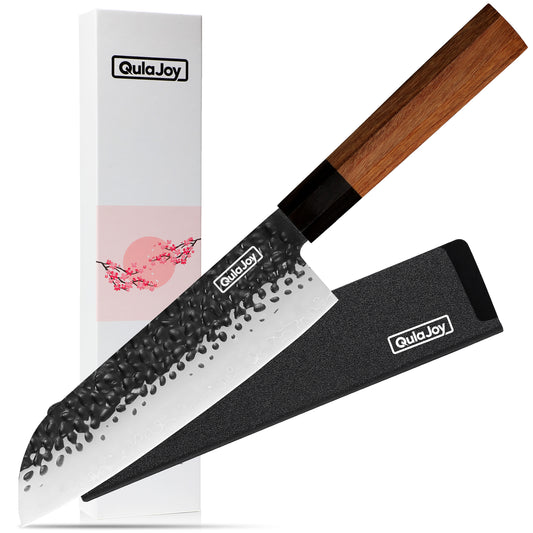 Qulajoy 7 Inch Santoku Knife - Professional Japanese Chef Knife - Razor Sharp 9cr18mov Blade - Hammered Kitchen Knife - Octagonal Rosewood Handle With Sheath