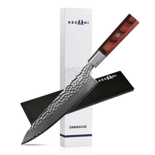 Kegani Damascus Japanese Chef Knife, 67 Layers VG-10 Japanese Knife Natural Hammered Chef Knife Japanese Rosewood Handle