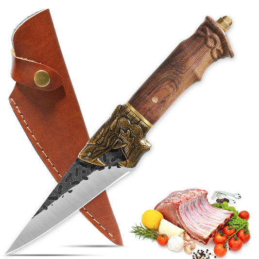 Qulajoy Boning Knife - Hand Forged Camping Knife 7Cr17MOV Blade - Dragon Head Handle And Leather Sheath - Unique Dragon Style - Viking Knife For Hunting & Camping